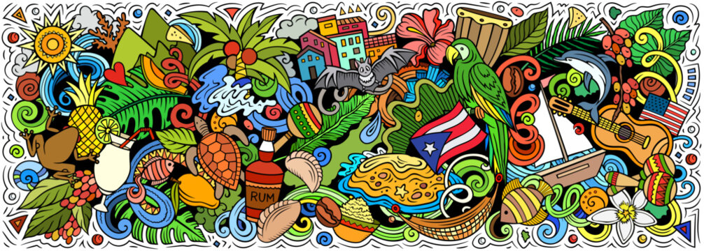 Puerto Rico cartoon doodle vector banner. Funny Puerto-Rican whimsical illustration. Caribbean tropical elements in a vibrant, playful style