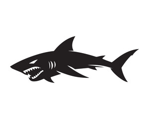 Obraz premium Aggressive Shark Silhouette Illustration in Black and White, Fierce Ocean Predator Icon Design, Dangerous Sea Animal Logo, Minimal Vector Style, Isolated on White Background