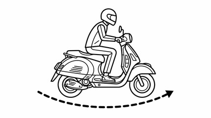 Fototapeta premium Black and White Line Art of Classic Scooter Riding along a Curved Delivery Route. Urban Transportation and Directional Movement Icon.