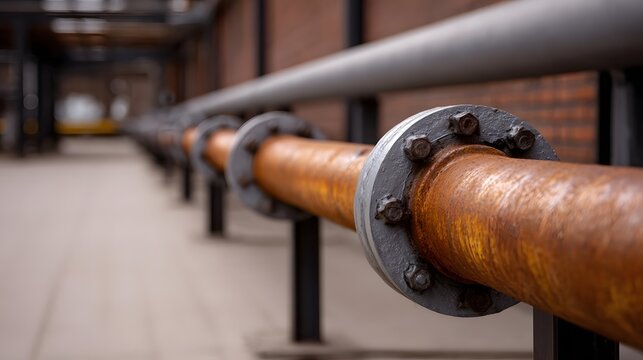 A close up view of a rusty industrial pipeline running along an outdoor walkway with a parallel gray pipe overhead and brick building in the