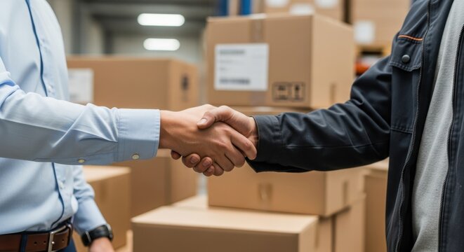  HR Manager Shaking Hands with New Warehouse Employee in Logistics Center Background Concept of Hiring and Agreement.
