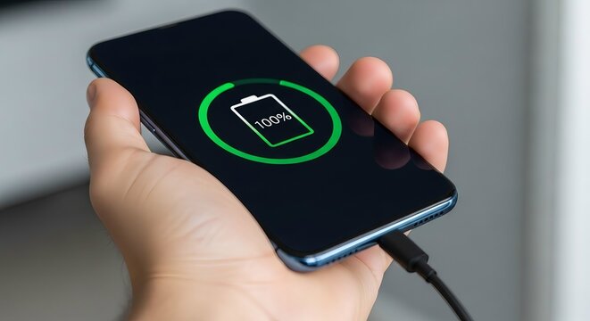 Close up of hand holding smartphone showing full battery charge status