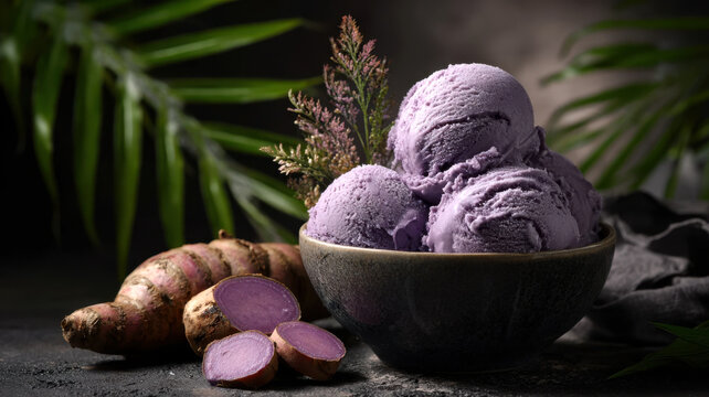 A ceramic bowl with smooth scoops of purple ube ice cream, raw ube root and sliced piece arranged beside the bowl, moody tropical dark green background with copy space. Trendy product