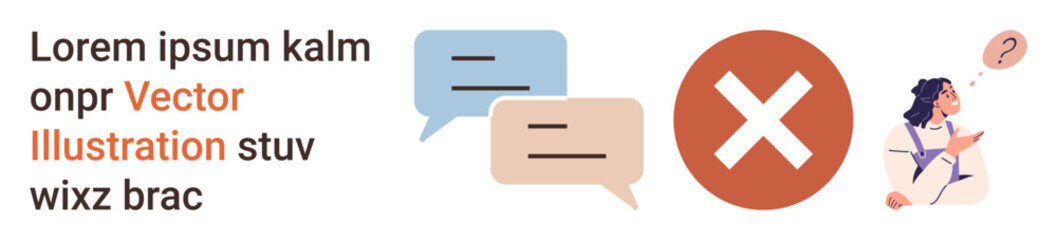 Obraz premium Communication issues, conflict resolution, misunderstanding, online messaging, feedback blockage, lack of clarity. Speech bubbles, prohibition sign person questioning. Communication issues