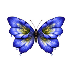 Realistische digitale Illustration eines Schmetterlings aus blauen Enzian Bl&uuml;tenbl&auml;ttern mit tropfendem Farbverlauf