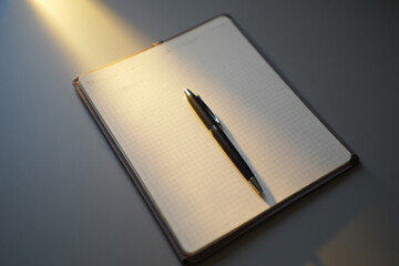 A pen lies on a blank notebook page in sunlight