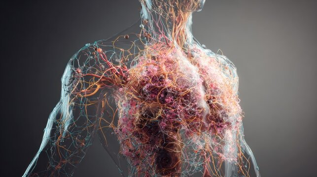Medical visualization of a human torso with a complex network of veins and arteries
