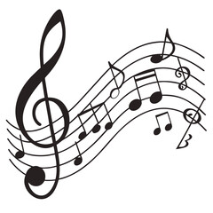 A musical vector illustration featuring black treble clef and melody notes on a white background with a curved staff line and artistic song elements for sheet music design