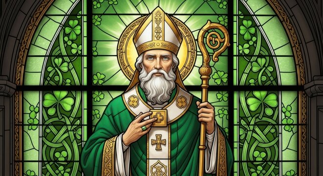 Stunning St. Patrick's Day stained glass portrait with shamrocks