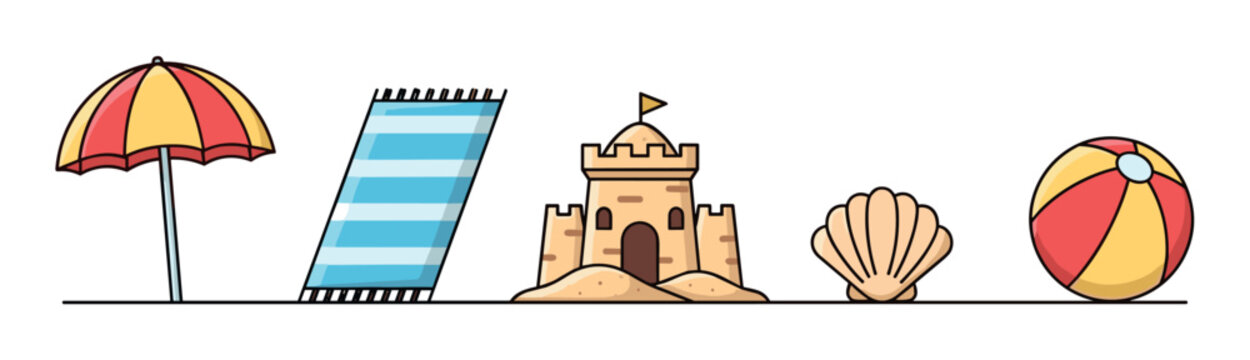 Colorful set of cartoon beach items including an umbrella, towel, sandcastle, seashell, and ball, depicted in a simple flat illustration style for summer vacation concepts