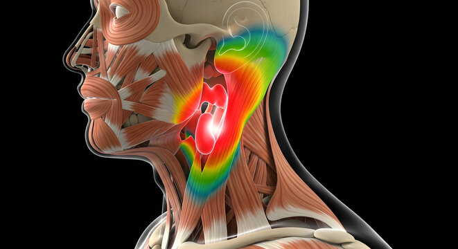 Human head and neck anatomy with highlighted parotid gland in colorful heat map for medical education