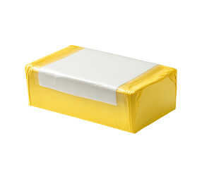 Packaged, rectangular yellow block with a white label