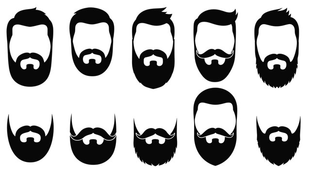 Men beard and hairstyle silhouettes icons collection provides diverse facial hair styles and modern haircut shapes for grooming logos.