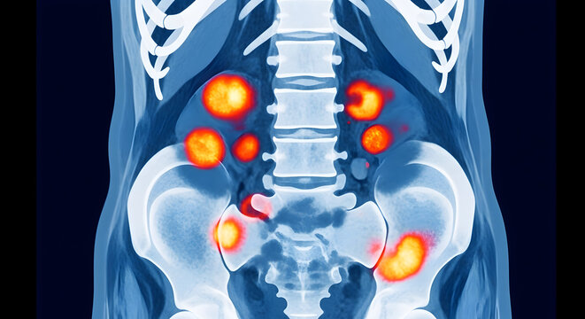 Human lower back MRI scan with highlighted inflamed areas in glowing red and orange for medical diagnosis