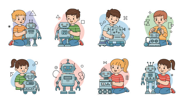 Kids building and playing with robots set shows boys and girls interacting with various electronic toy machines in a creative way.