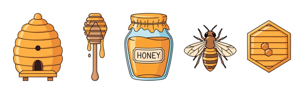 Set of honey and beekeeping icons featuring a beehive, dipper, glass jar, bee, and honeycomb symbol in a charming cartoon illustration style with bold outlines and warm colors