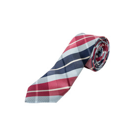 Shopping concept of a rolled up checkered multi-colored tie isolated on a white background.