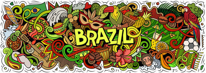 Fototapeta premium Brazil vector illustration with carnival, Amazon jungle, football, beaches, coffee and cultural icons. Ideal for travel, tourism, nature and adventure themes