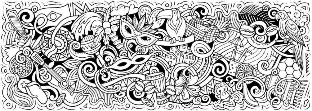 Brazil vector illustration with carnival, Amazon jungle, football, beaches, coffee and cultural icons. Ideal for travel, tourism, nature and adventure themes