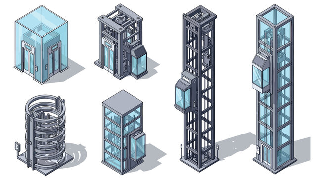 Collection of various modern elevator designs including glass observation lifts and enclosed shafts in an isometric view.
