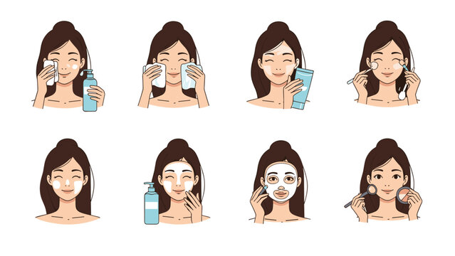 Illustrations of a young woman performing different steps of a facial skincare routine including washing and masking.