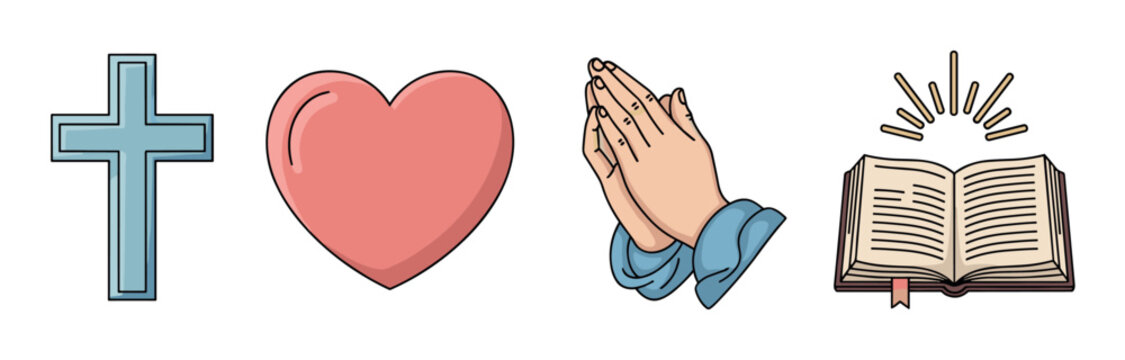 Set of four religious Christian symbols including a blue cross, a pink heart, praying hands, and an open bible, representing faith, love, prayer, and scripture in a simple cartoon style