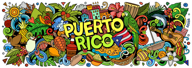 Naklejka premium Puerto Rico cartoon doodle vector banner design. Funny Puerto Rican whimsical illustration. Caribbean tropical elements in a playful style