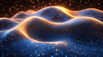 Abstract digital rendering featuring flowing, undulating waves illuminated by golden and blue particles