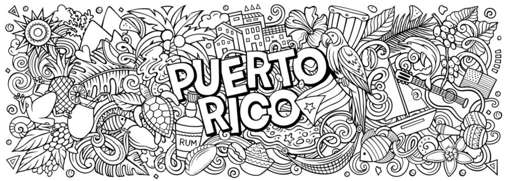Puerto Rico cartoon doodle vector banner design. Funny Puerto Rican whimsical illustration. Caribbean tropical elements in a playful style