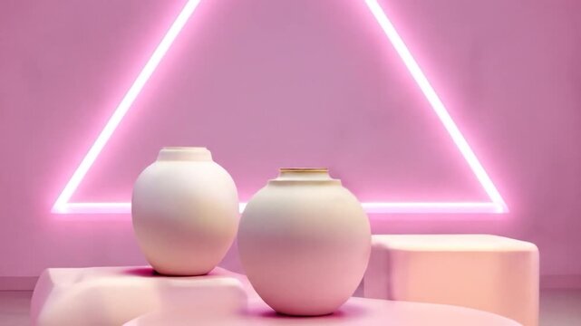 Pink neon triangle frame and ceramic vases conceptual digital design