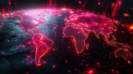 Glowing red network overlaying a map of the world, representing global connections