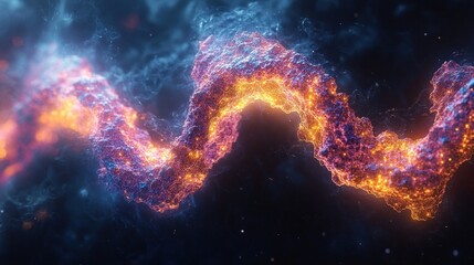 A glowing, fiery serpentine form weaves through a nebula-like space, vibrant and dynamic