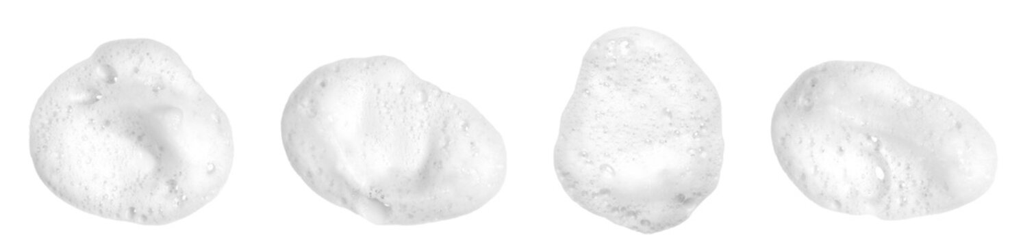 Set of white soap foam isolated on white background, top view macro texture with soft bubbles and organic shapes. Clean, minimal concept ideal for skincare, cosmetic and hygiene advertising.