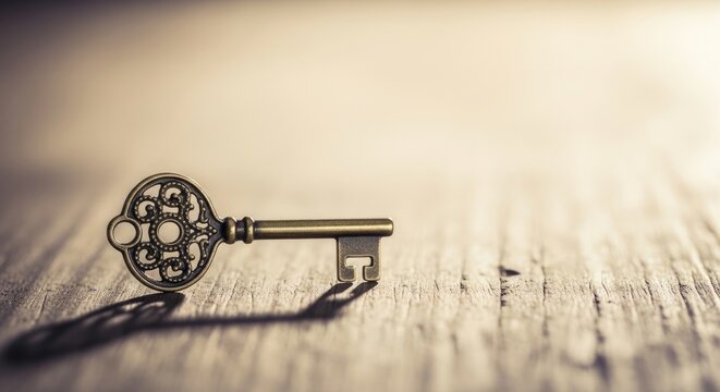 A vintage key with ornate design on a wooden surface.