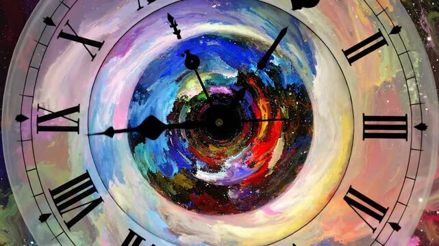 Abstract clock face with colorful swirling background, representing time and space.