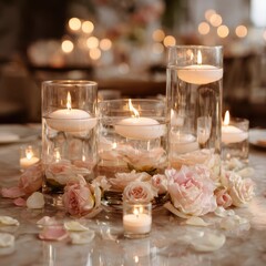 Elegant Wedding Centerpiece with Floating Candles and Pink Roses on a Marble Table