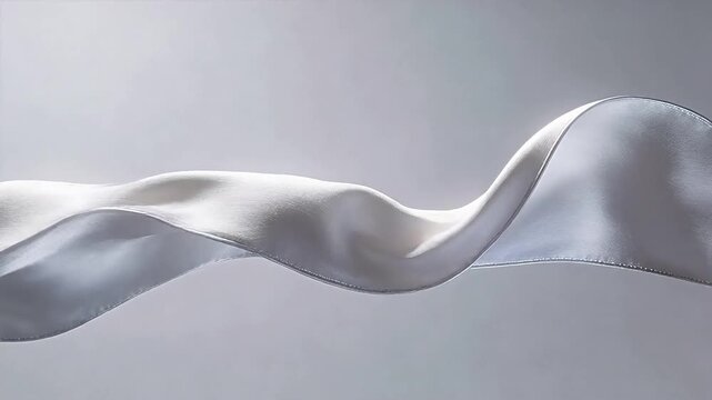 Silver metallic ribbon flowing with smooth abstract texture on gray background