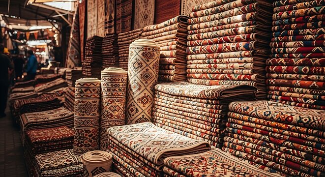Commercial display of stacked handmade carpets and tightly rolled traditional textile rugs filling a colorful marketplace stall with rich oriental