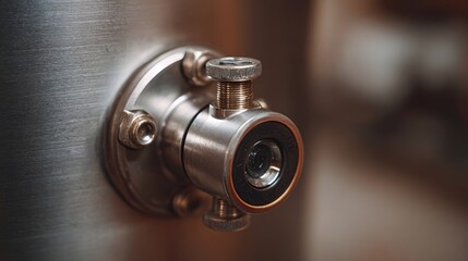 A detailed close up of a shiny metallic pressure valve and fittings attached to a brushed industrial tank