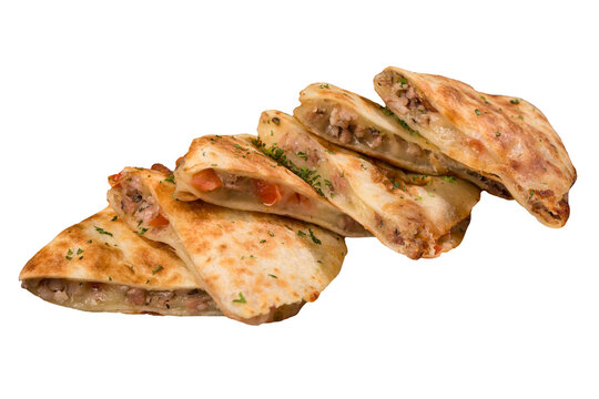 Beef quesadilla with melted cheese, cut out and isolated on transparent background, suitable for food design, menu, and advertising use.
