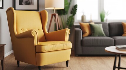 Yellow Armchair Reading Corner on Left with Copy Space