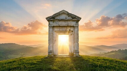 Fototapeta premium Ancient stone archway on green hill with bright light and sun rays at sunrise, open door to new opportunities, spiritual gateway
