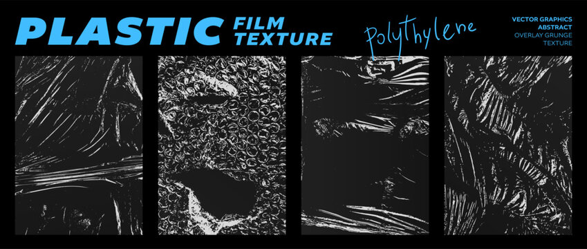 Grunge set of plastic film textures. Crumpled old polyethylene packaging. Stretched, torn, ripped cling film, bubble wrap for brutalism design. Abstract graphics for template, mockup, overlay effect
