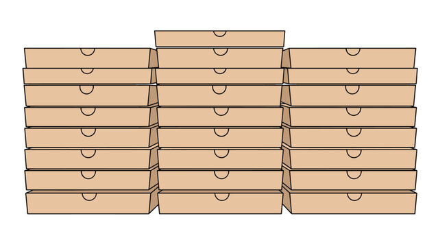 Large stack of various blank brown pizza boxes, neatly organized and ready for delivery or storage on a white background.