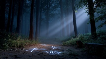 Obraz premium Mysterious glowing symbols illuminate dark forest clearing enigmatic nature scene ethereal atmosphere nighttime perspective
