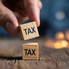Close up of a person hand stacking wooden cubes with the word TAX, representing rising taxes or financial planning concept.