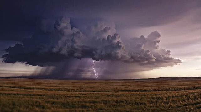 Dramatic stormy landscape with large cumulonimbus cloud over vast open field