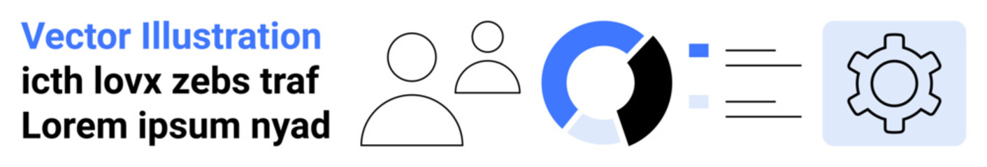 User icons, pie chart, automation gear, and flowing data lines for teamwork, analytics, workflow, automation, optimization technology process tracking. Ideal for simple landing page