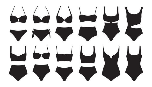 Diverse black swimwear and lingerie vector collection on white background for graphic design