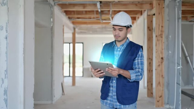 construction worker holding a clipboard inger scrolling through market data, charts responding fluidly, subtle screen reflection movement 4K.